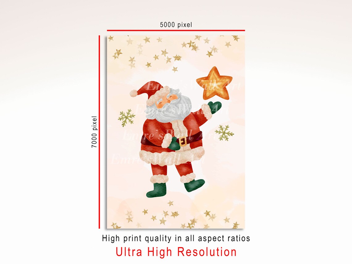 Santa Claus Tossing Star Cute Watercolor Christmas Holiday Poster - Image 3