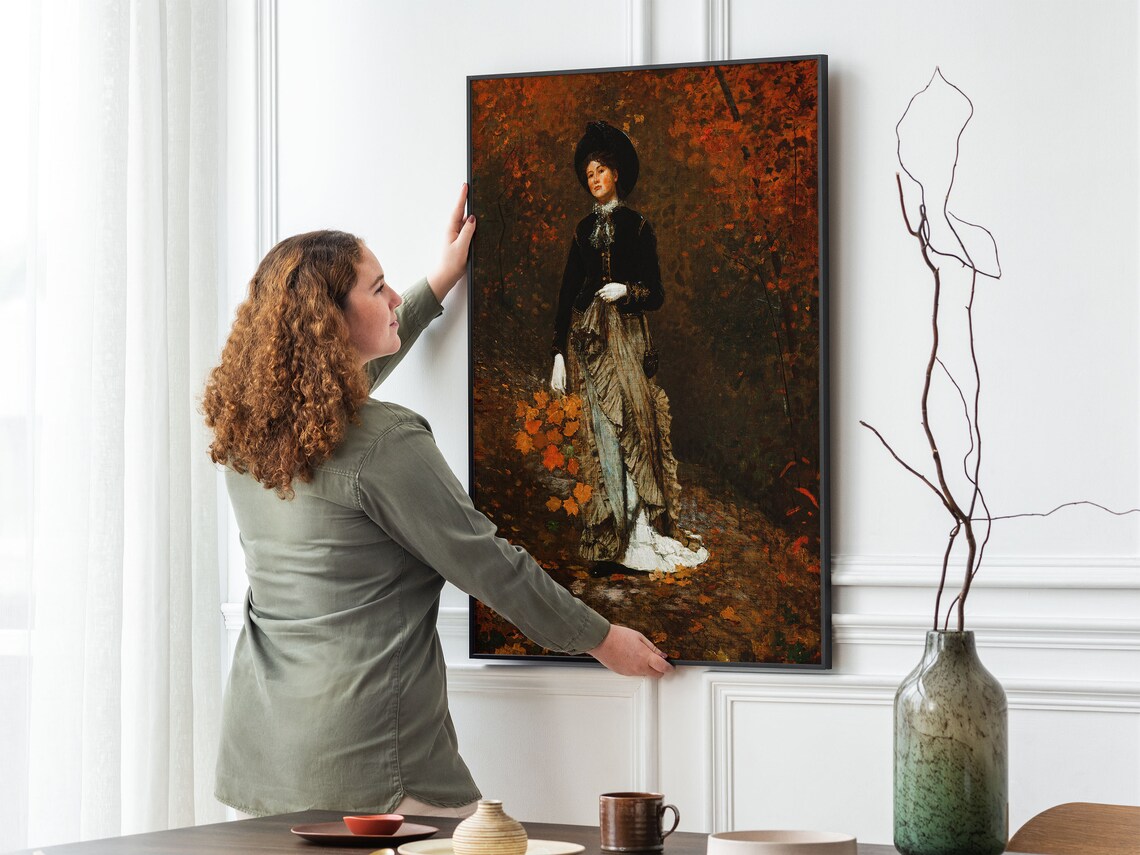 Victorian Woman in Autumn Woods Dark Dress Falling Leaves Poster - Image 2