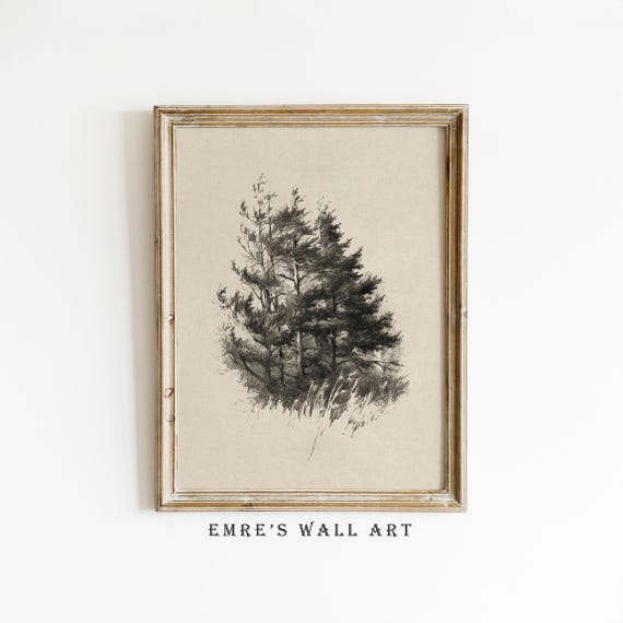 Neutral Pine Trees Print Rustic Sketch Wall Art Vintage Tree Drawing Decor Woodland Sketch