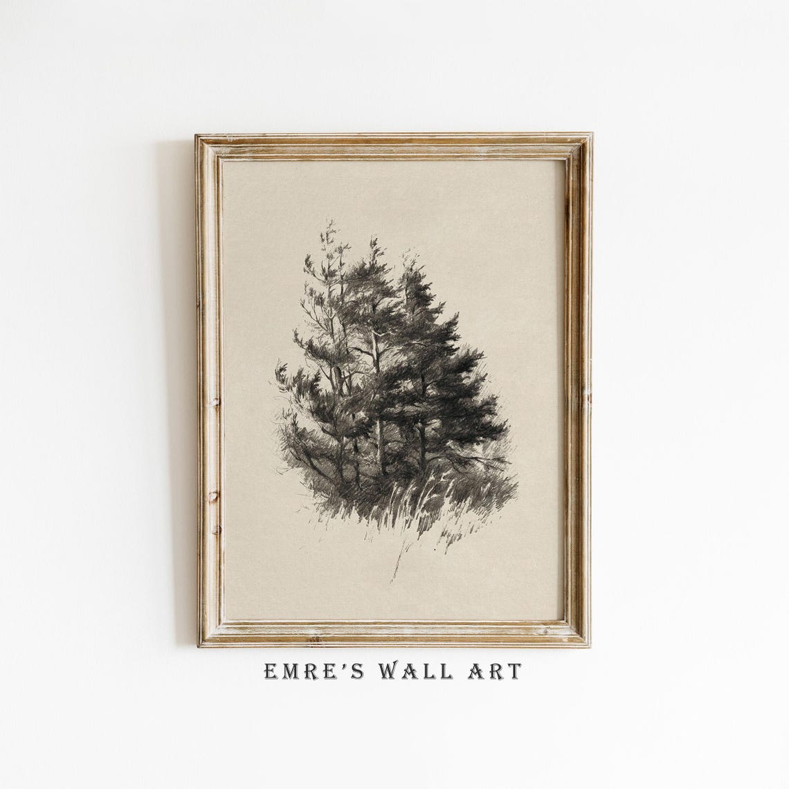 Neutral Pine Trees Print Rustic Sketch Wall Art Vintage Tree Drawing Decor Woodland Sketch
