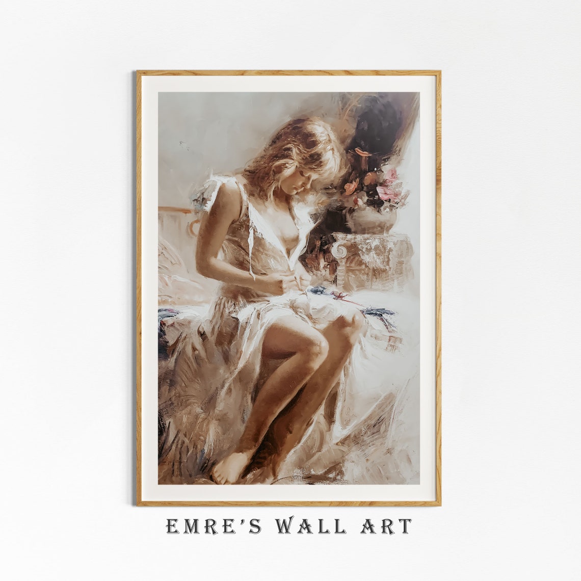 Woman In White Dress Sewing Vintage Elegant Portrait Painting Poster - Image 4