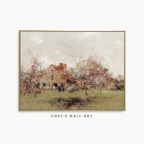 Stone Cottage Spring Blossom Trees Vintage Countryside Poster