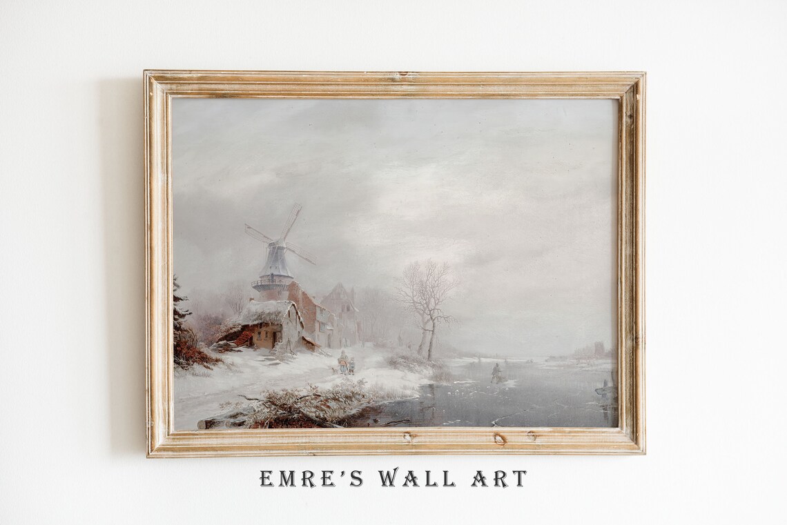 Dutch Windmill Frozen Canal Snowy Winter Landscape Oil Painting Poster - Image 2