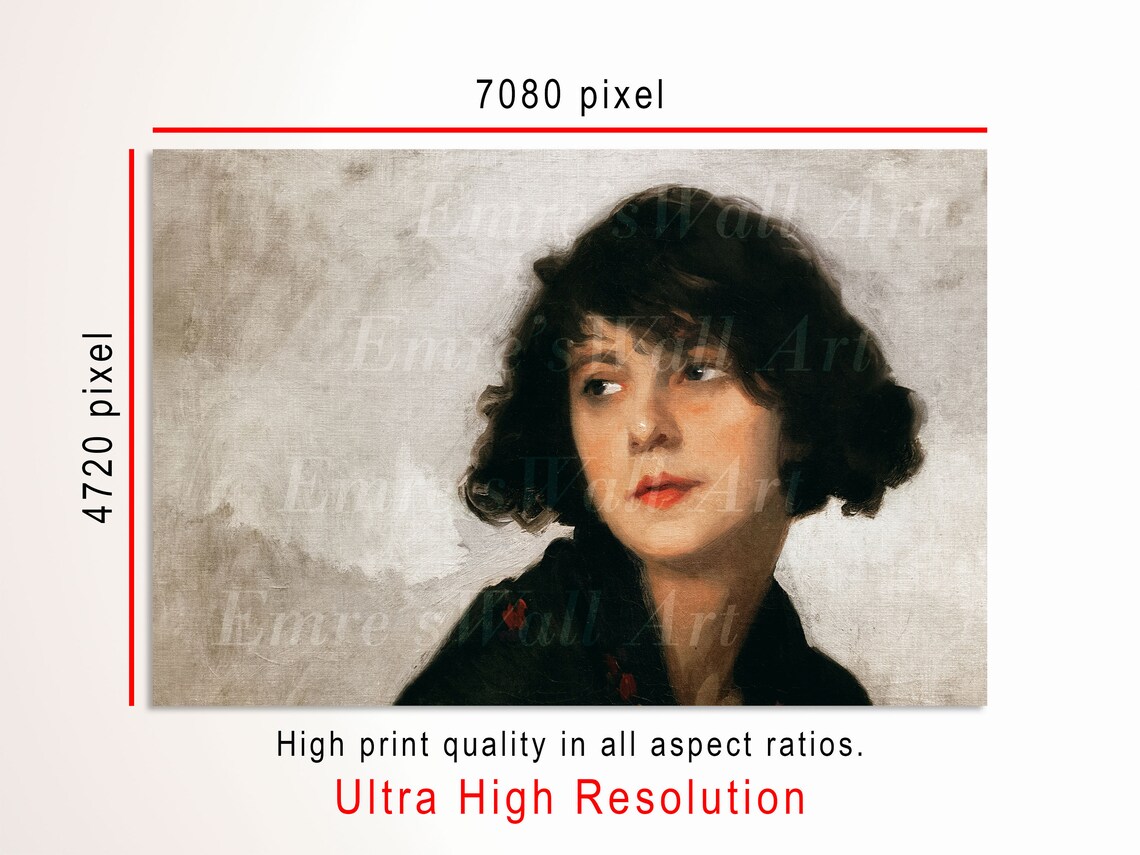 Vintage Woman Portrait Dark Bob Red Lips Oil Painting Art Poster - Image 3