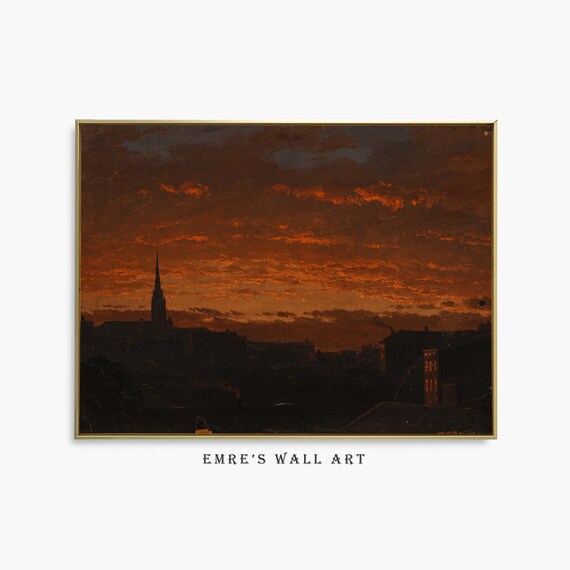 Dark City Skyline Fiery Sunset Vintage Church Steeple Evening Painting Print
