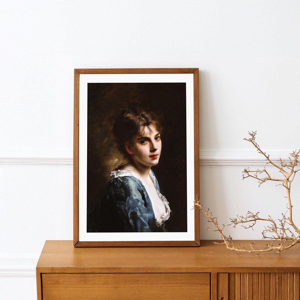 Classic Oil Portrait Young Woman Blue Dress Dark Academia Poster - Image 2