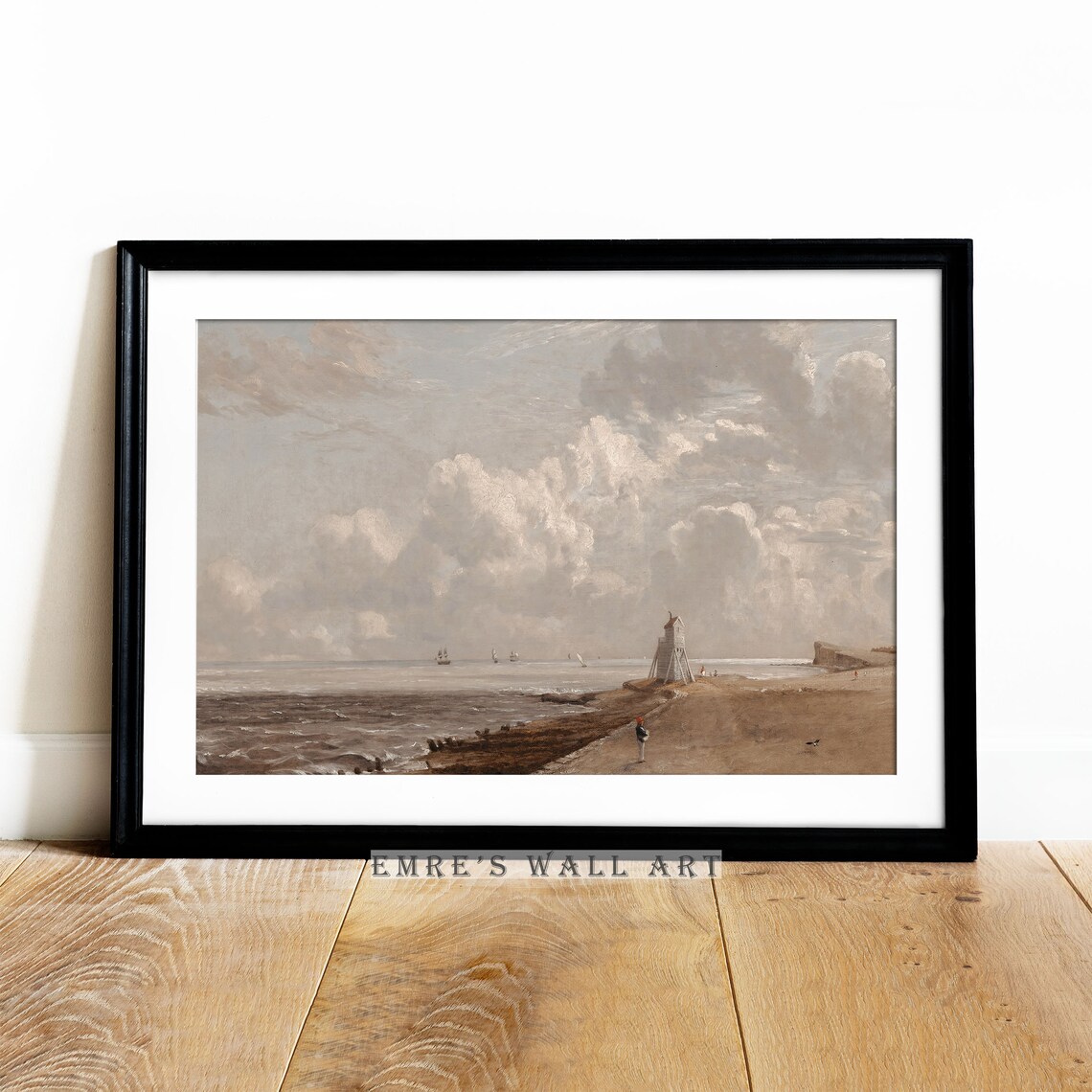 Vintage Coastal Painting Beach With Watchtower Ships Cloudy Sky Art Poster - Image 2