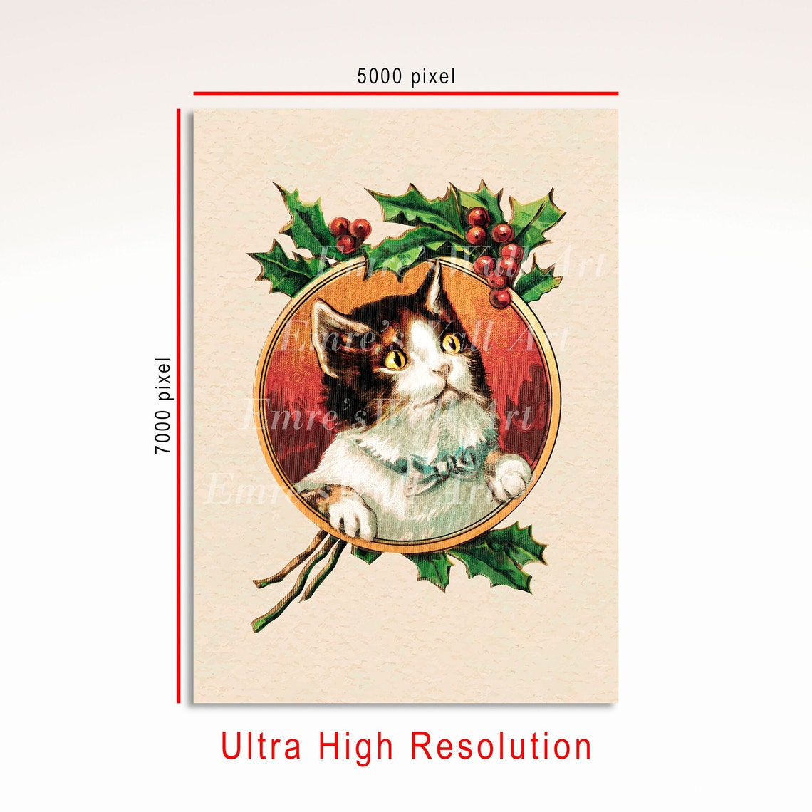 Kitten Blue Bow Holly Berries Vintage Christmas Illustration Poster - Image 3