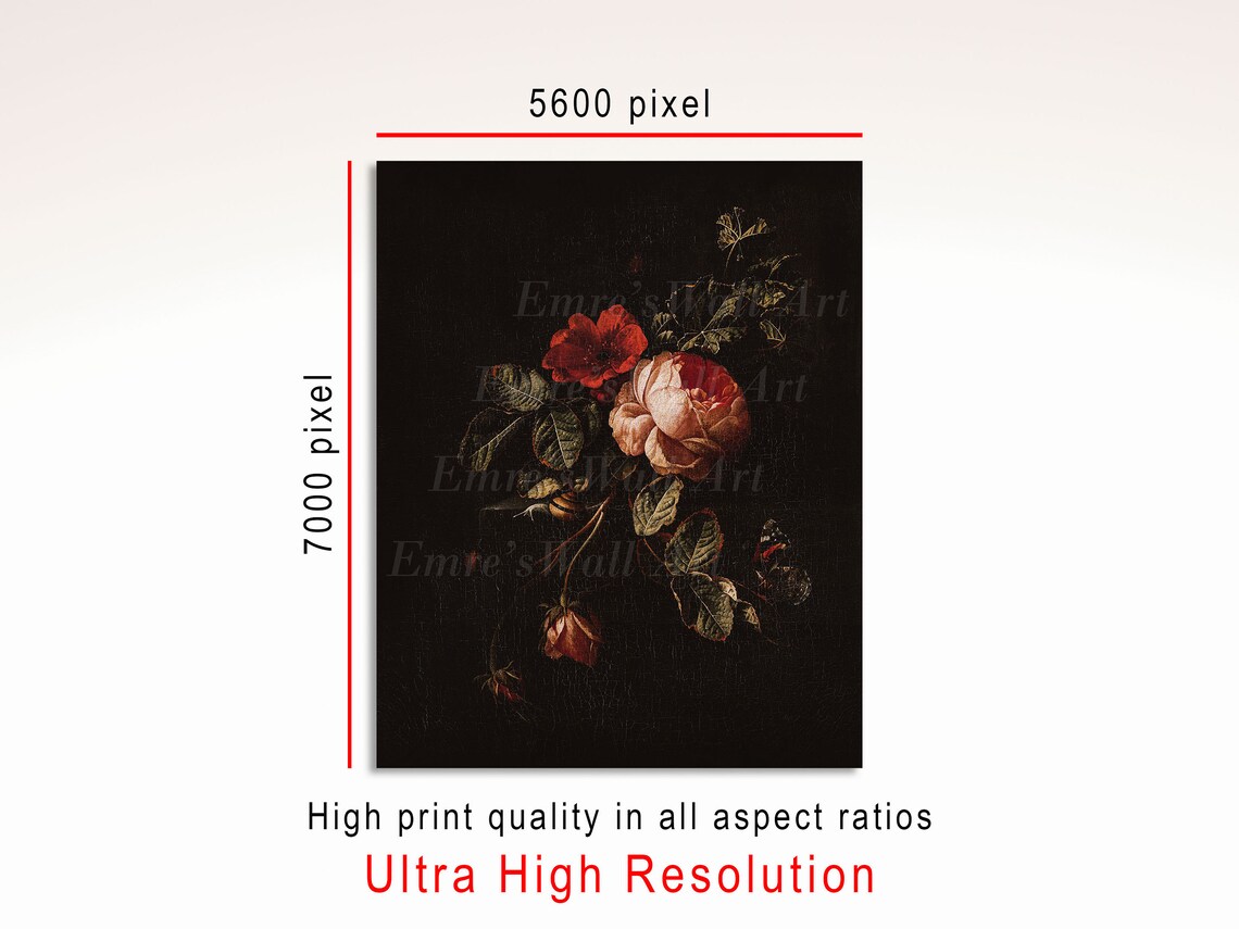 Moody Dark Roses Still Life Oil Painting Red Poppy Black Art Poster - Image 3