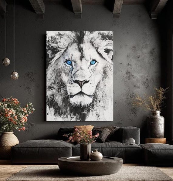 Black And White Lion Canvas Print Modern Wildlife Art