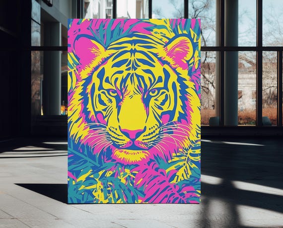 Neon Tiger Wall Art Vibrant Jungle Pop Canvas Bold Colorful Poster Modern Y2k Animal Decor Abstract Wild Artwork