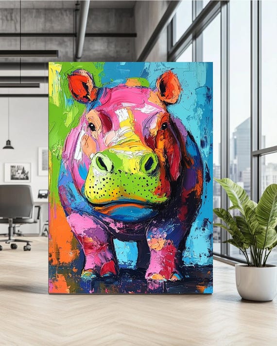 Colorful Hippo Wall Art Abstract Animal Canvas For Living Room Modern Poster Unique Wildlife Painting Decor