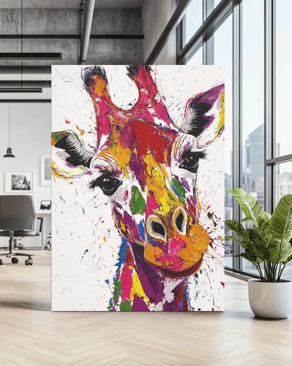 Colorful Giraffe Wall Art Canvas Whimsical Safari Nursery Decor Animal Painting Jungle Zoo Kids Room Gift Bold Wildlife Print