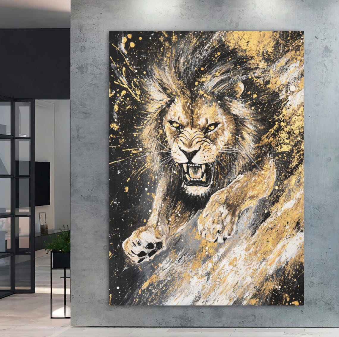 Roaring Lion Black Gold Abstract Fierce Jungle King Wall Art