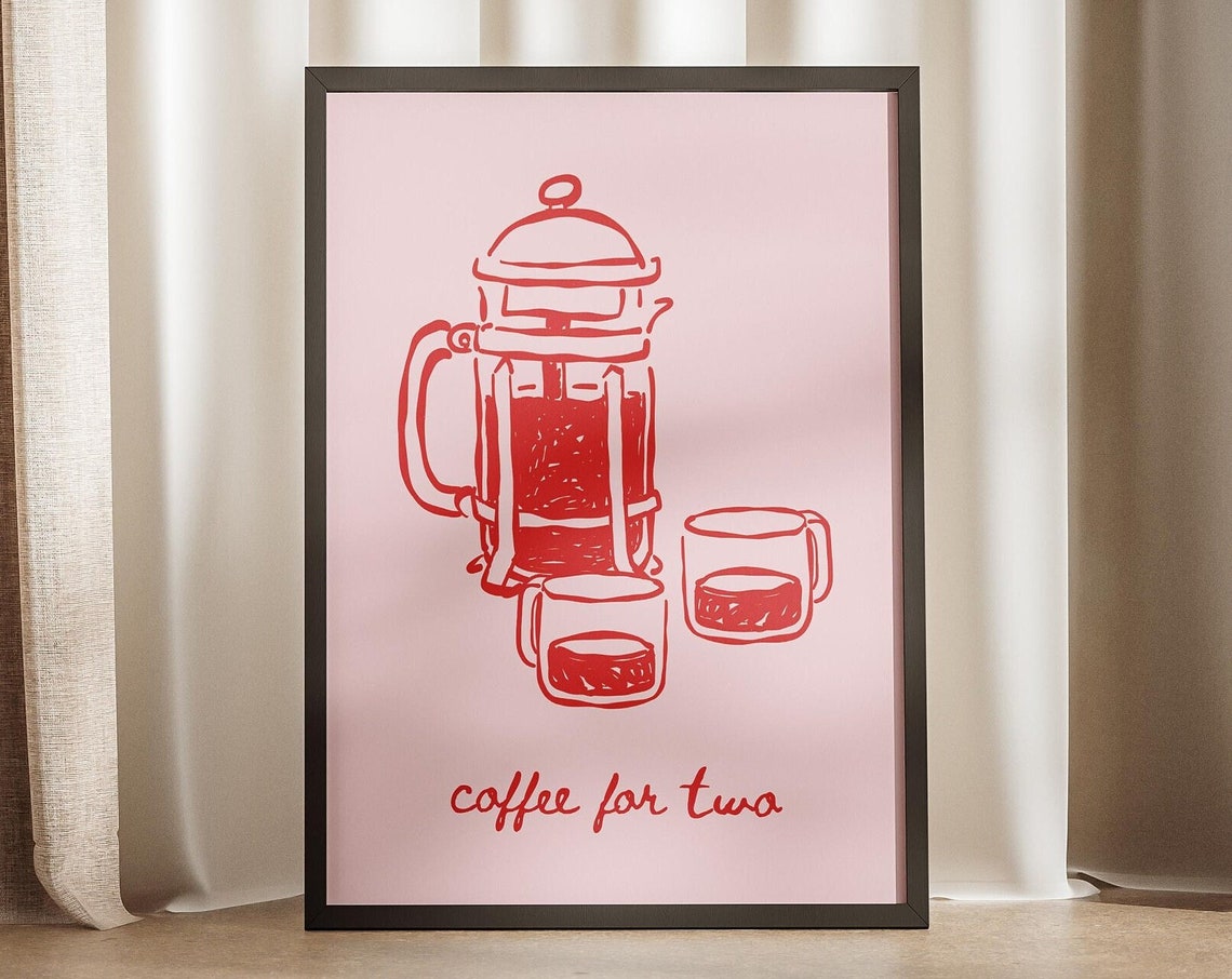 Coffee For Two French Press Red Doodle Pink Kitchen Decor Poster