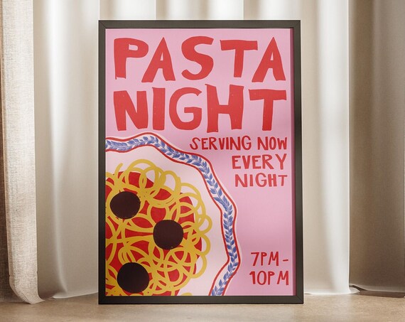 Pasta Night Meatballs Every Night Pink Retro Kitchen Decor Poster
