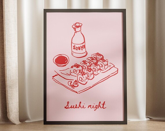 Sushi Night Red Line Doodle Pink Minimal Japanese Food Art Poster