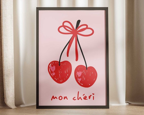 Mon Cheri Red Pink Preppy Print Trendy Cherries Kitchen Poster Valentines Day Gifts Couples Retro Wall Art Coquette Core Bow Hearts Cute