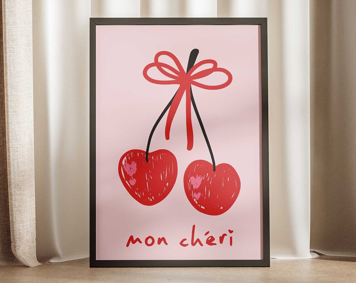 Mon Cheri Cherry Pair Red Bow Pink Coquette Style Love Poster