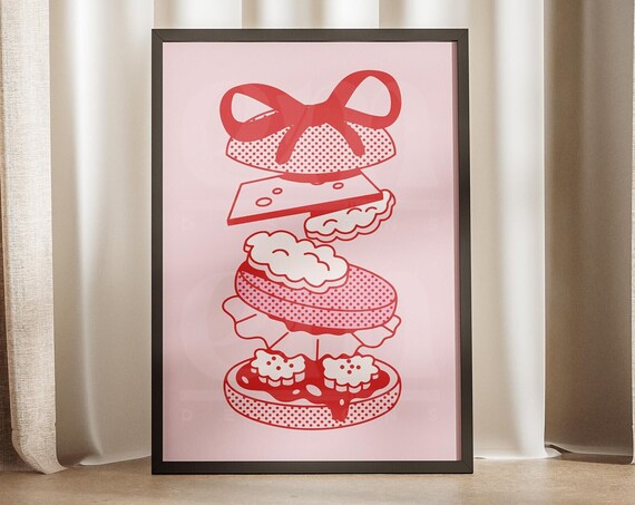 Burger Coquette Bow Core Print Girl Dinner Retro Vintage Poster Kitchen Food Wall Art Heart Pink Red Preppy Trendy Fast Takeaway 70s