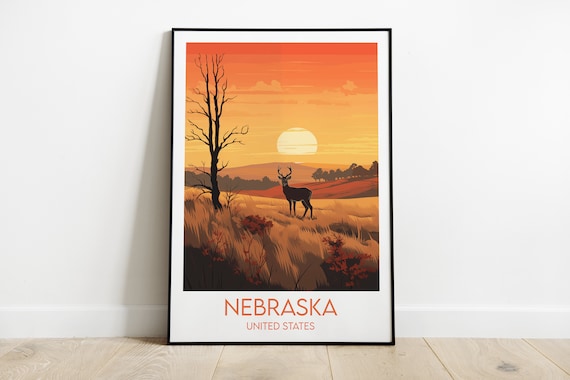 Nebraska Prairie Deer Sunset Retro United States Travel Poster