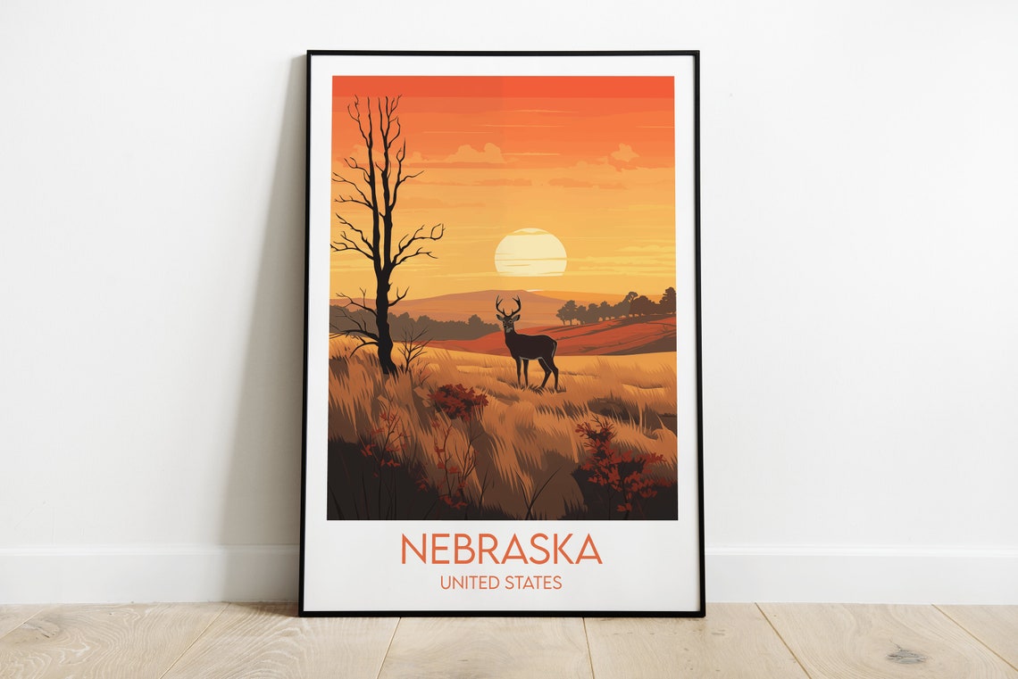 Nebraska Prairie Deer Sunset Retro United States Travel Poster