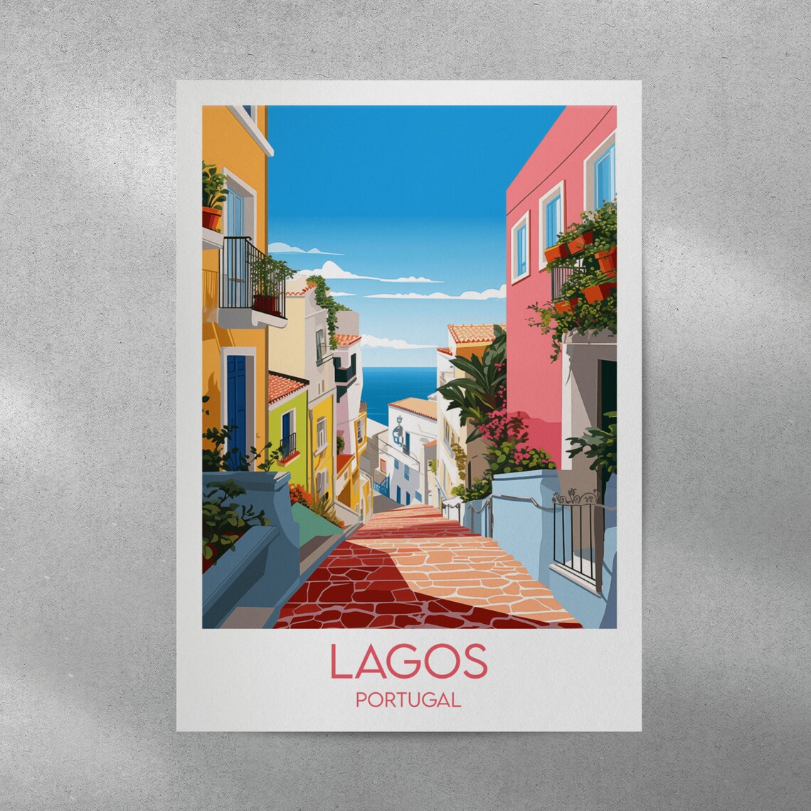 Lagos Portugal Old Town Street Sea View Illustrated Travel Poster - Image 3