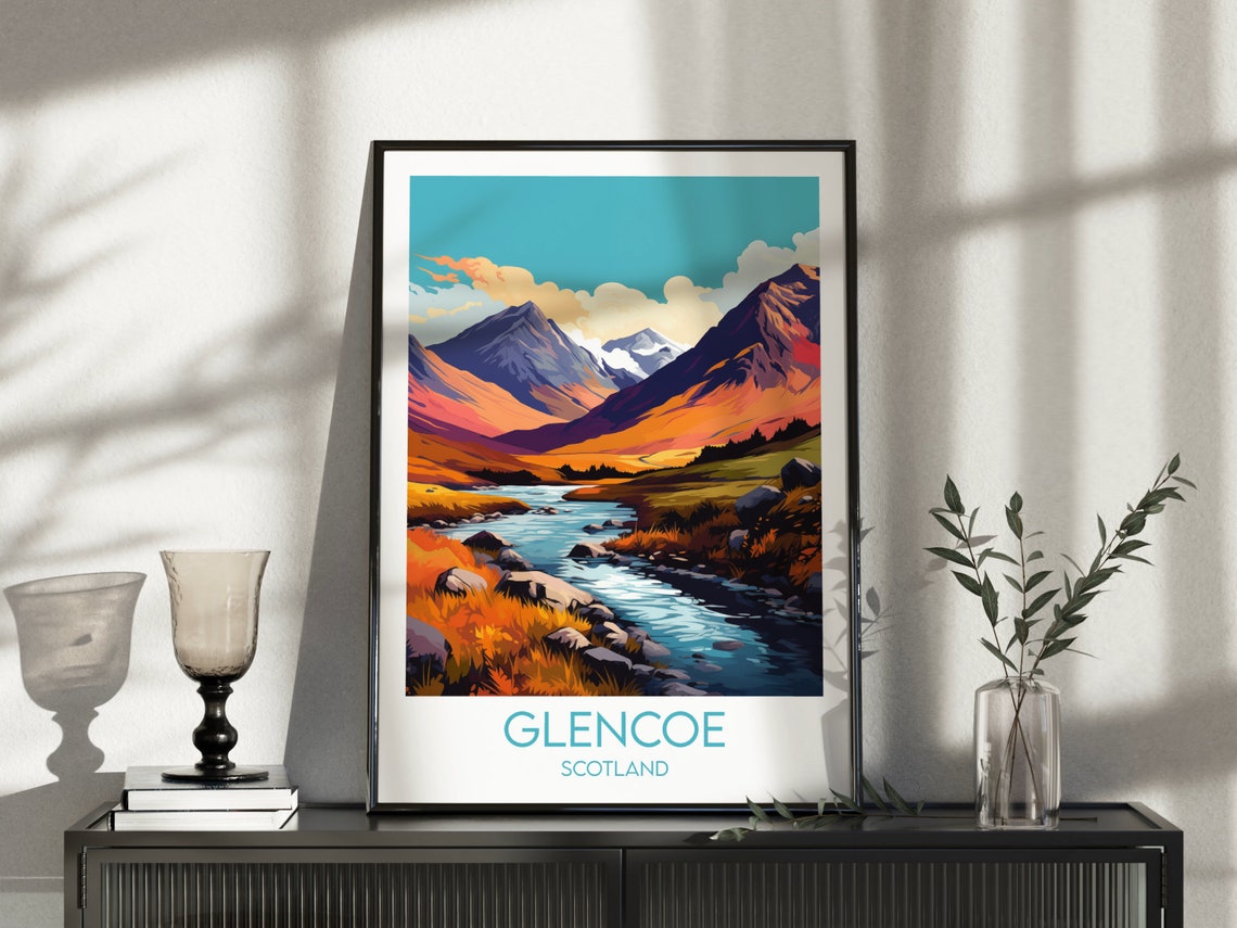 Glencoe Scotland Mountain River and Autumn Hills Travel Poster - Image 3
