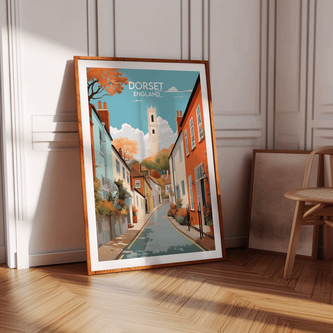 Dorset England Village Street Church Tower Autumn Travel Poster - Image 2