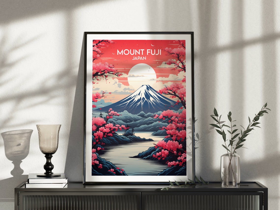 Mount Fuji Japan Cherry Blossoms Snow Capped Peak Sunset Travel Poster - Image 3