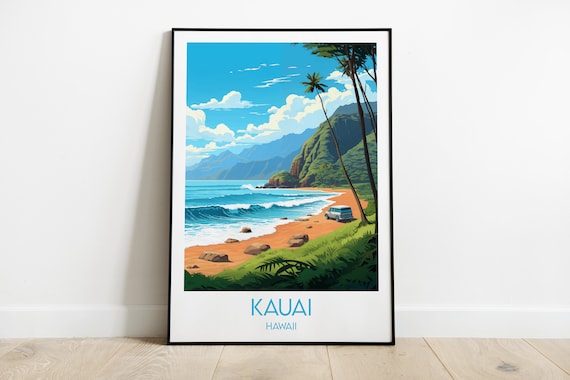 Kauai Hawaii Travel Poster Tropical Beach Waves Palm Trees Van View