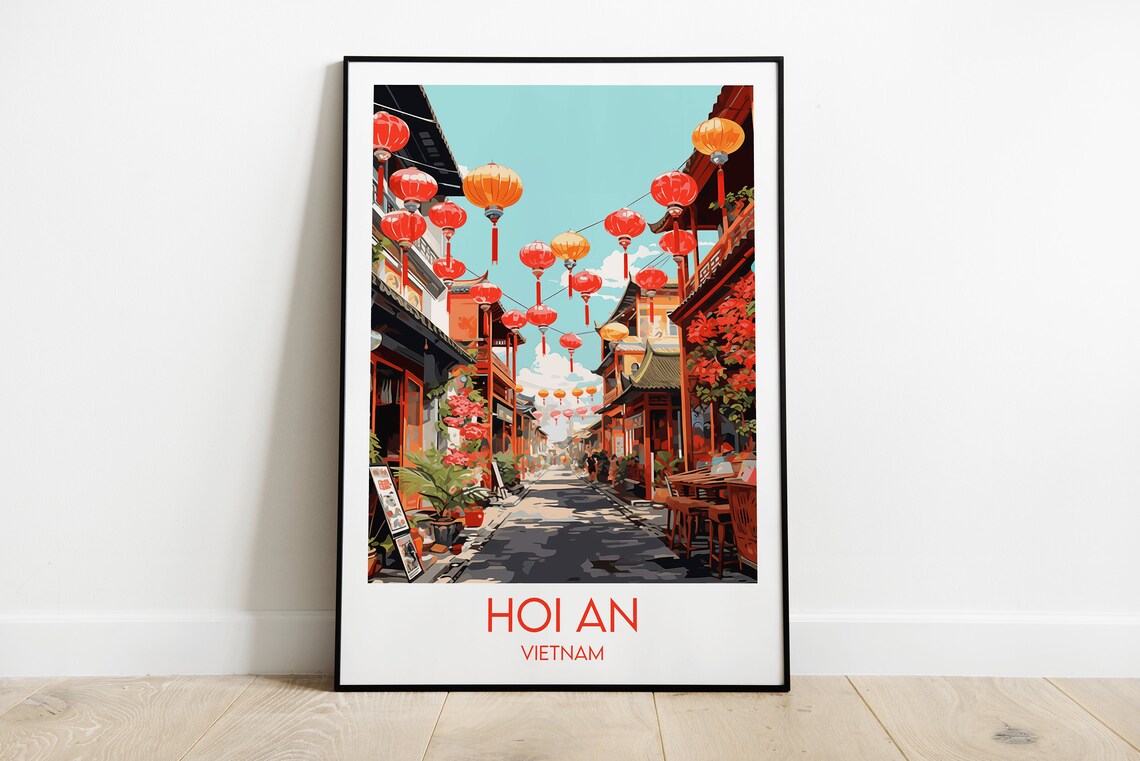 Hoi An Vietnam Lantern Street Night Market Vintage Travel Poster