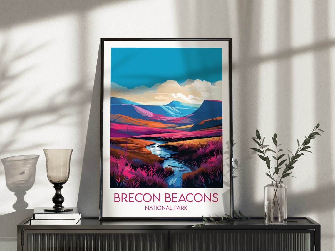 Brecon Beacons National Park Magenta Moorland Stream Vintage Travel Poster - Image 3