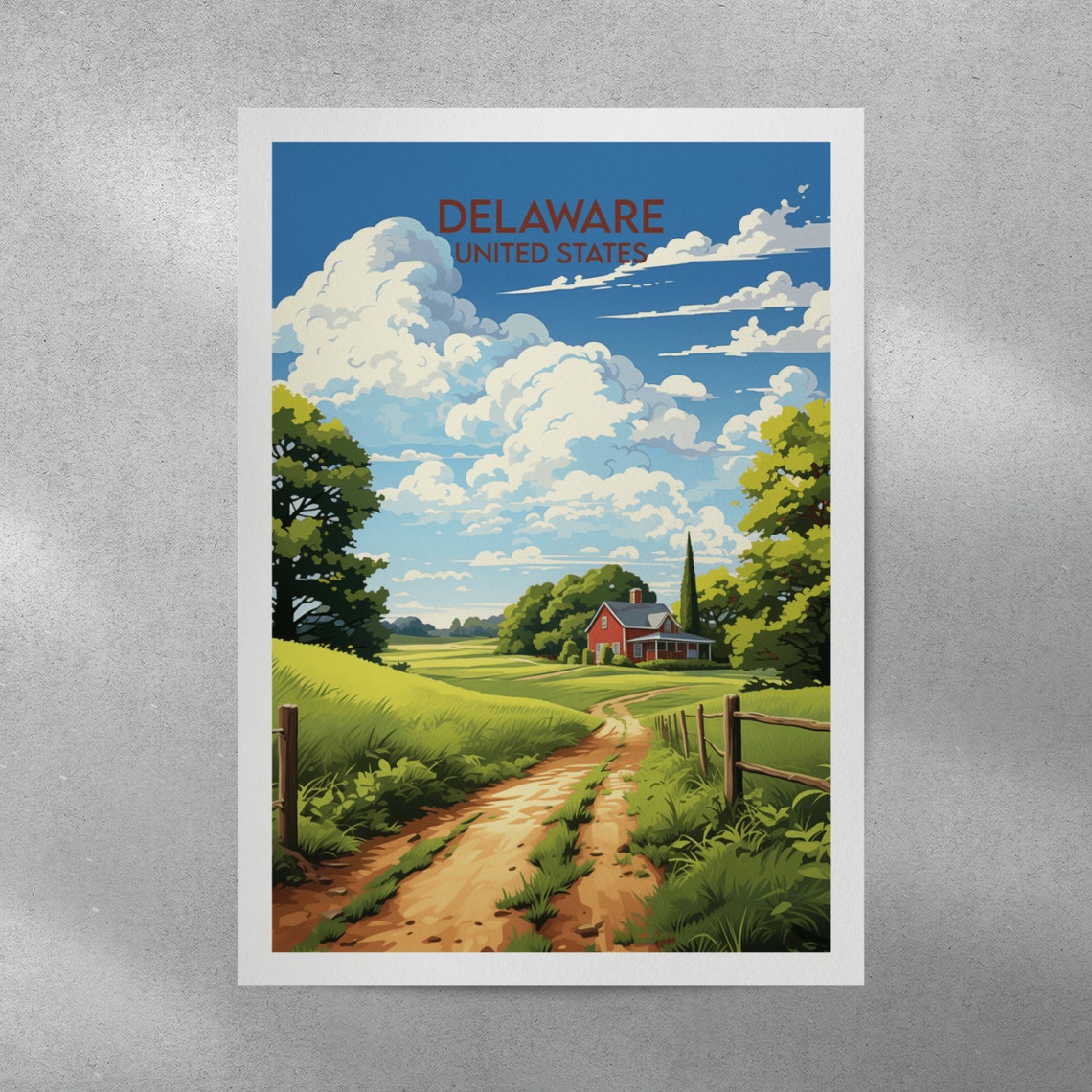 Delaware United States Farm Road Red Barn Countryside Travel Poster - Image 3