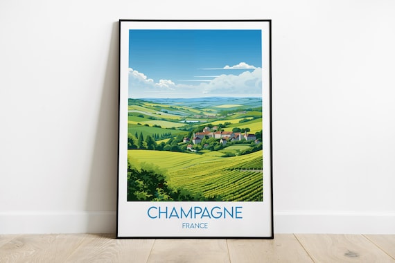 Champagne France Sunlit Vineyard Hills Village Vintage Travel Poster