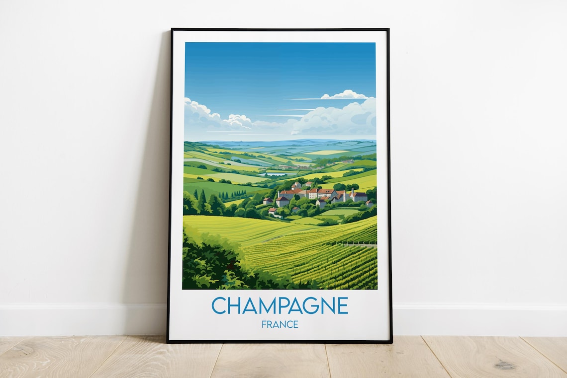 Champagne France Sunlit Vineyard Hills Village Vintage Travel Poster