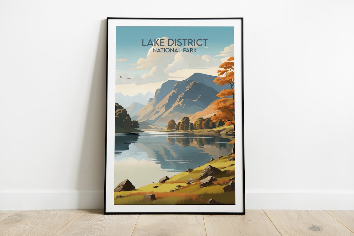 Lake District National Park Autumn Lake Mountains Retro Travel Poster