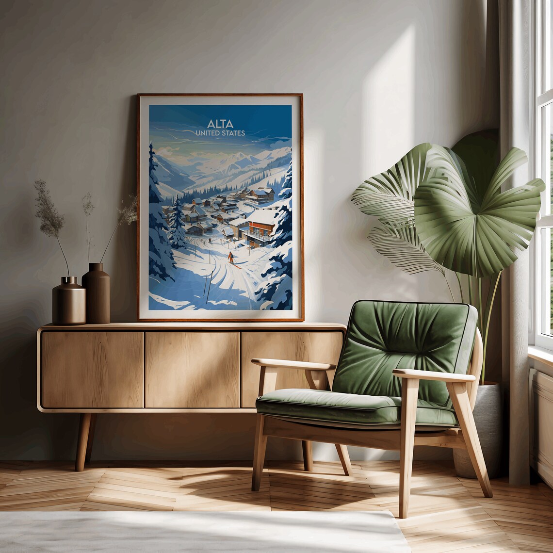 Alta Ski Village Blue Sky Slopes Retro American Travel Poster - Image 3
