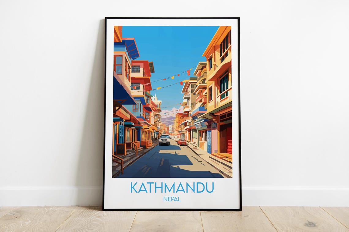 Kathmandu Nepal Colorful Old Street Prayer Flags Travel Poster