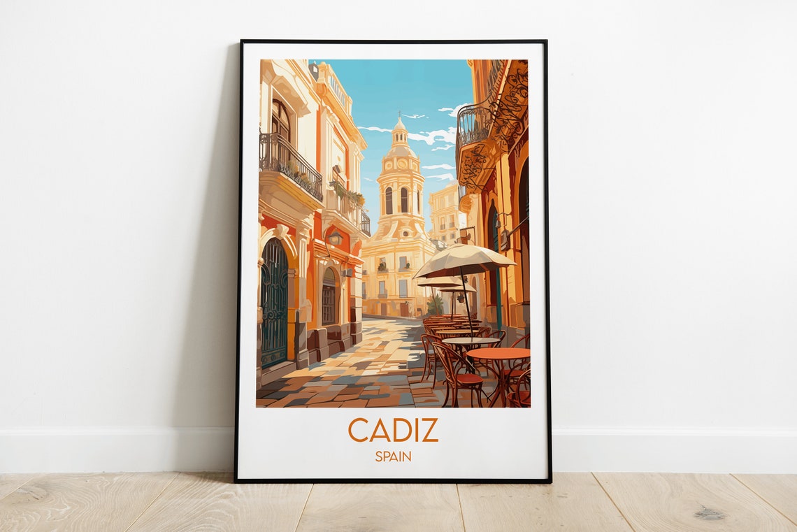 Cadiz Spain Sunlit Cathedral Street Cafes Andalusia Travel Poster