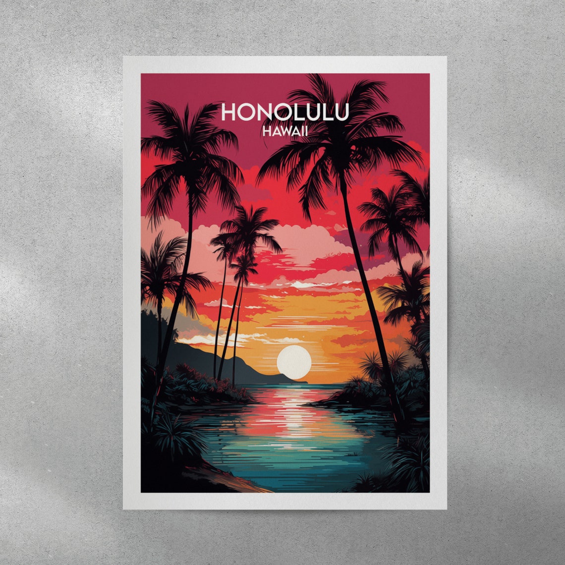 Honolulu Hawaii Palm Sunset Silhouette Tropical Beach Poster - Image 3