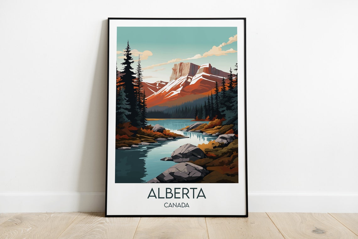 Alberta Canada Fall Colors Mountain Lake Scene Travel Poster