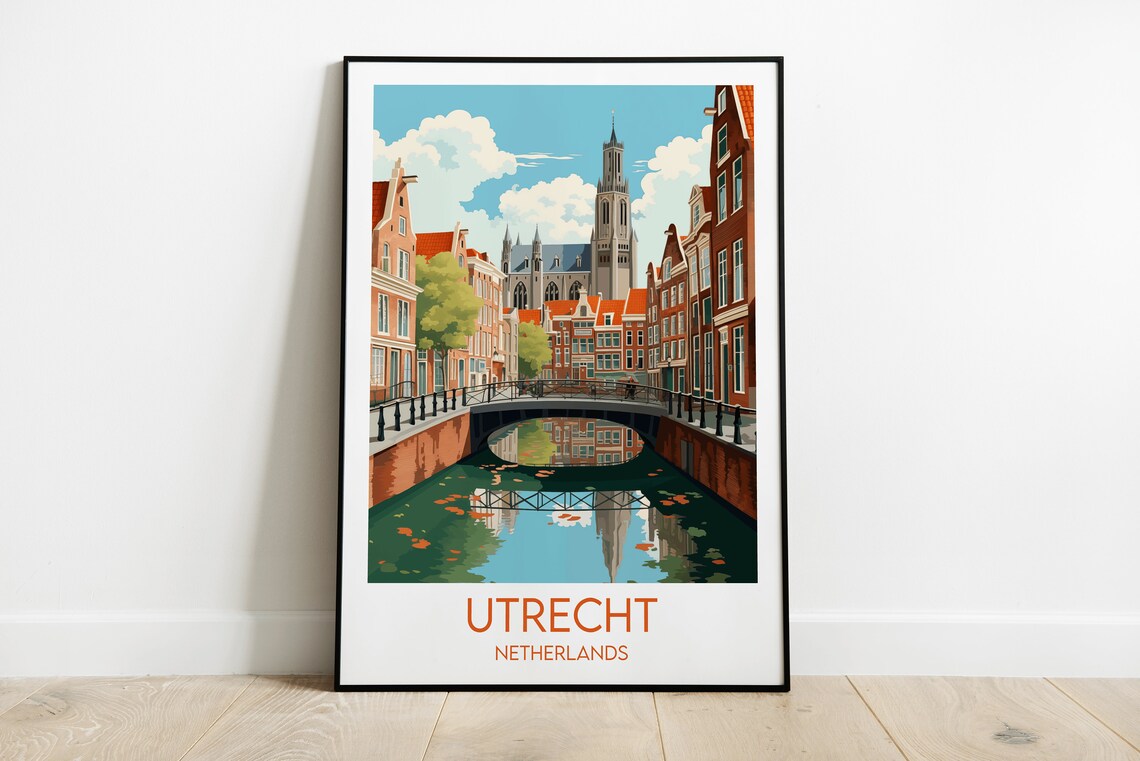 Utrecht Netherlands Canal Cityscape Retro Vintage Travel Poster