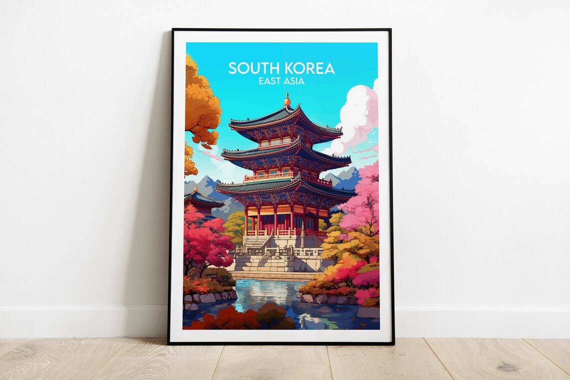 South Korea East Asia Pagoda Temple Blossom Lake Colorful Travel Print