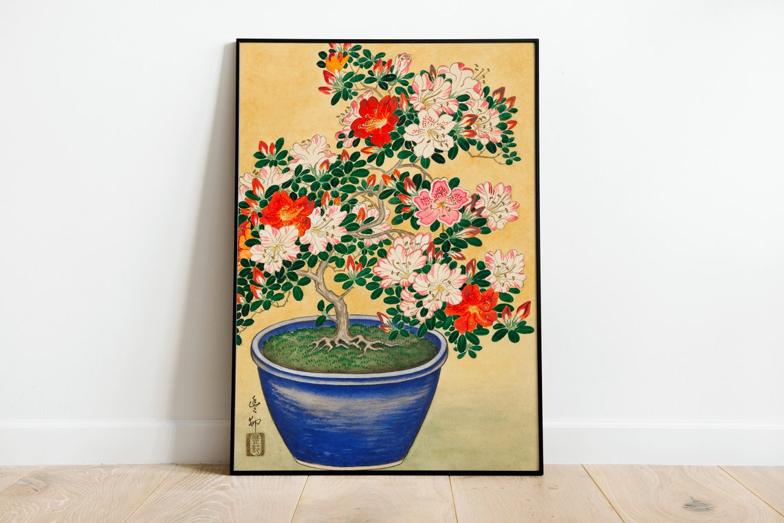 Blooming Azalea Bonsai in Blue Pot Japanese Woodblock Poster