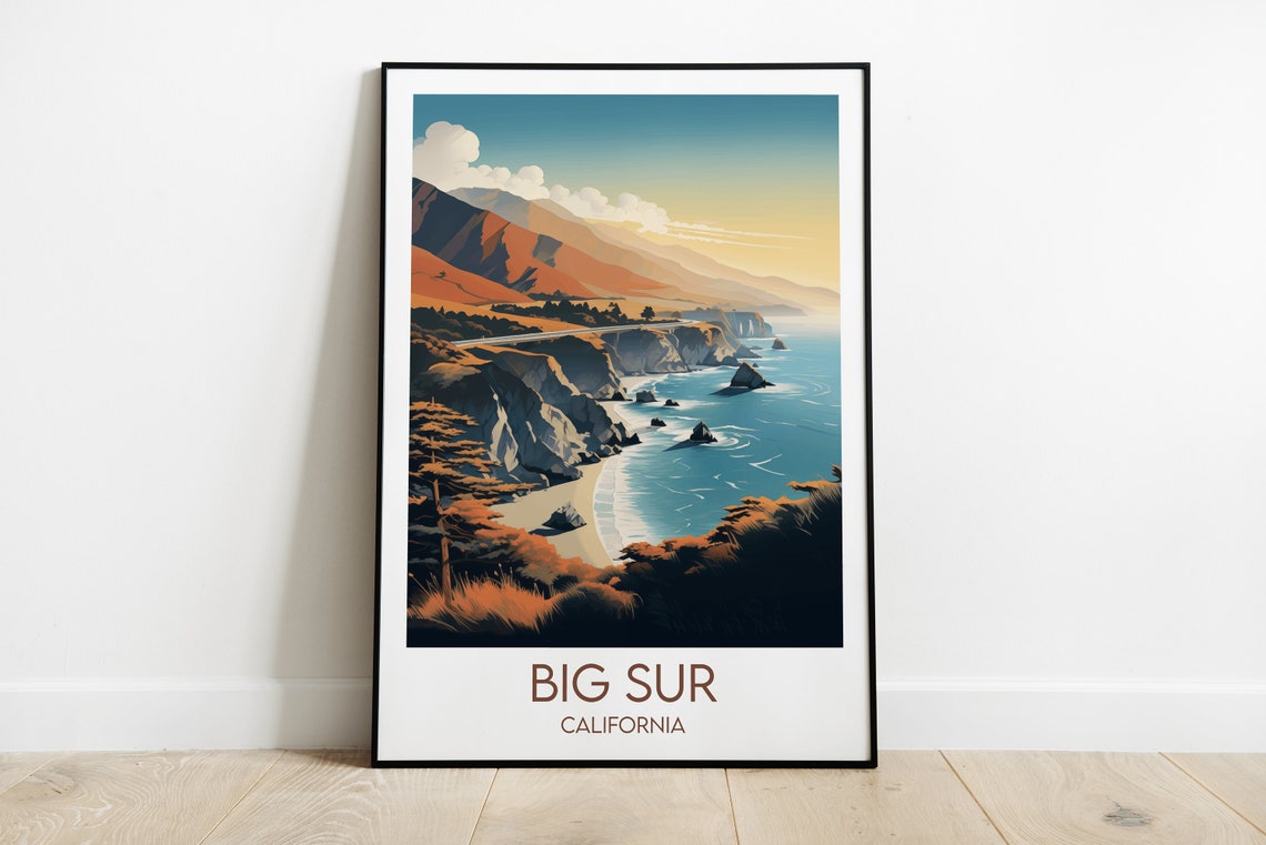 Big Sur California Coastal Bridge Sunset Cliffs Retro Travel Poster