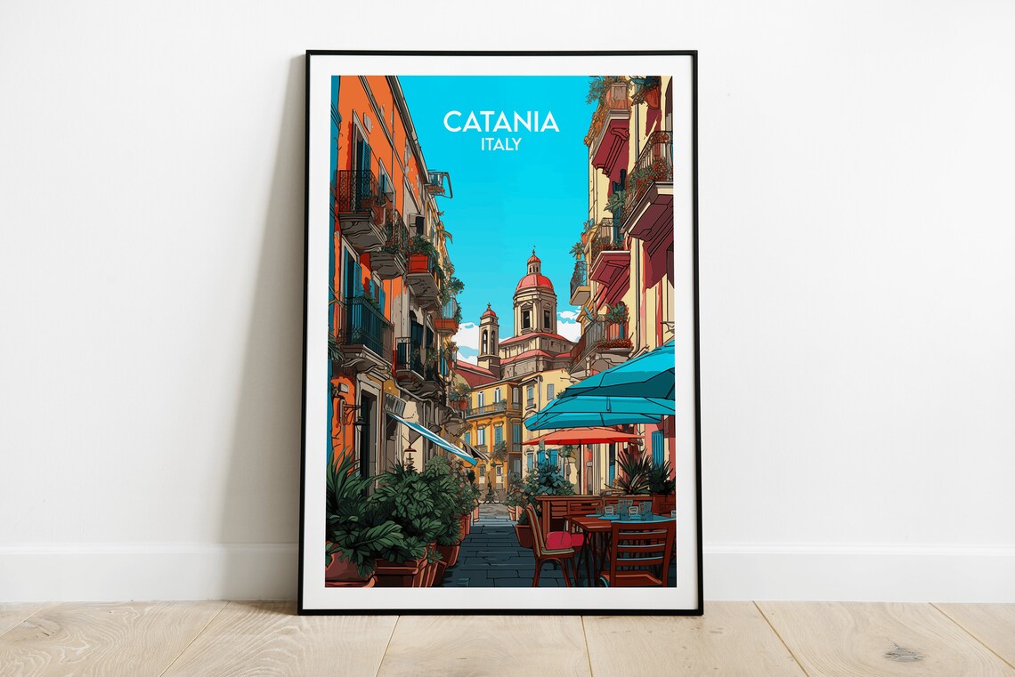 Catania Italy Sicilian Street Cafe Church Dome Vintage Travel Poster