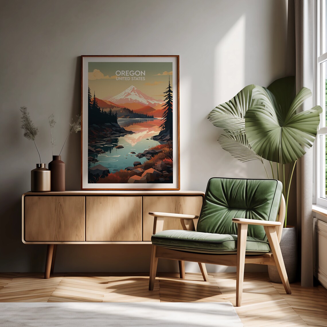 Oregon United States Vintage Mountain Lake Sunset Travel Poster - Image 2