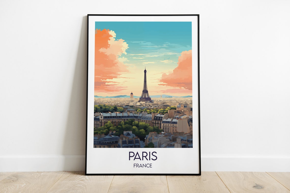 Romantic Paris France Eiffel Tower Sunset Cityscape Travel Poster