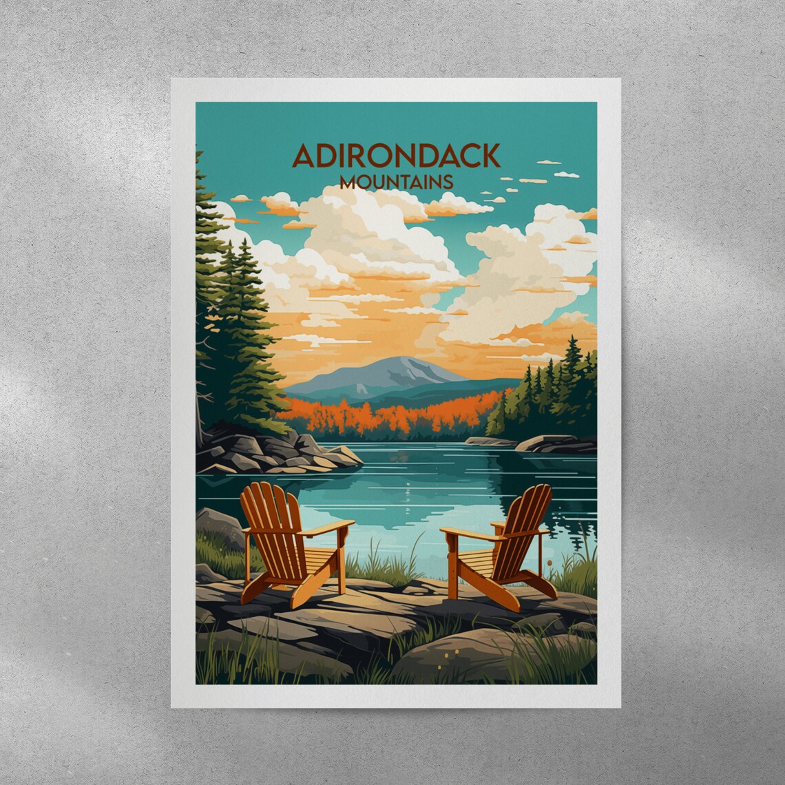 Adirondack Mountains Lake Shore Chairs Relaxing Travel Poster - Image 3